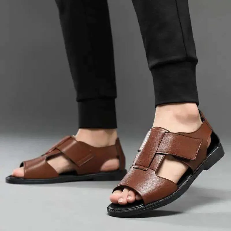 Men's black and brown casual sandals with open-toe design and rubber sole