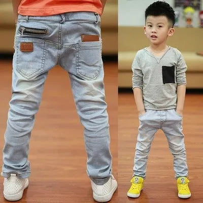 Boys striped denim harem trousers with elasticated waistband for spring and autumn casual wear