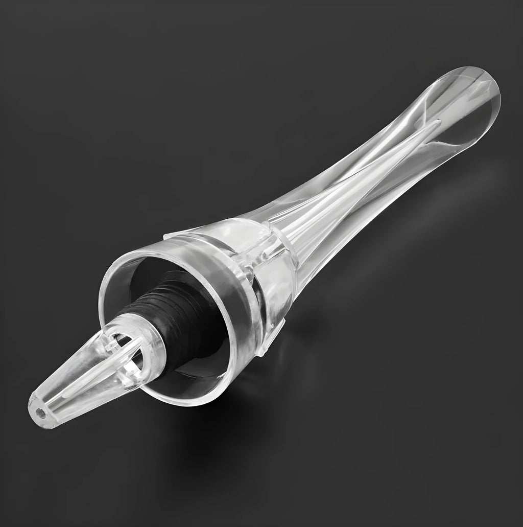 Acrylic wine aerator with stainless steel filter, measuring 16cm long.