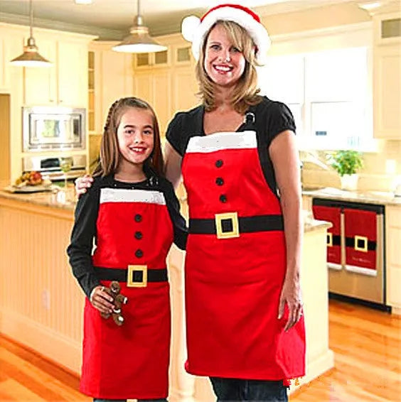 Red Christmas apron with Merry Christmas print for adult and children's kitchen use