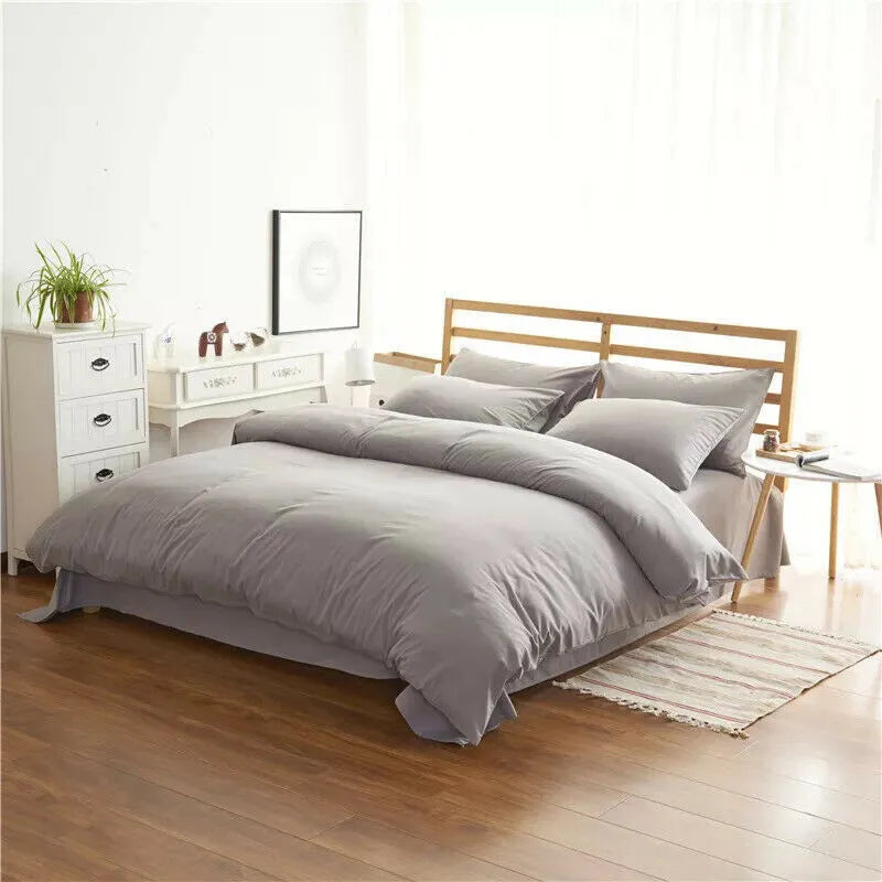 Modern simple style 4-piece bedding set for a 2m bed in twill weave fabric, shown in one of seven colour options.