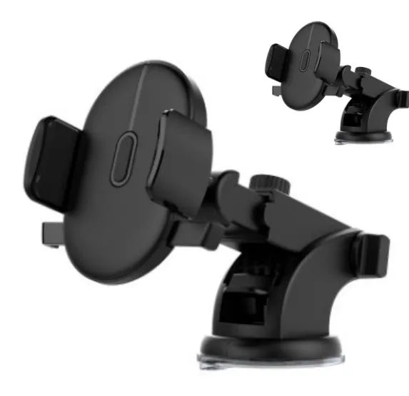 Yellow and black telescopic car phone holder with suction cup mounted on a dashboard.