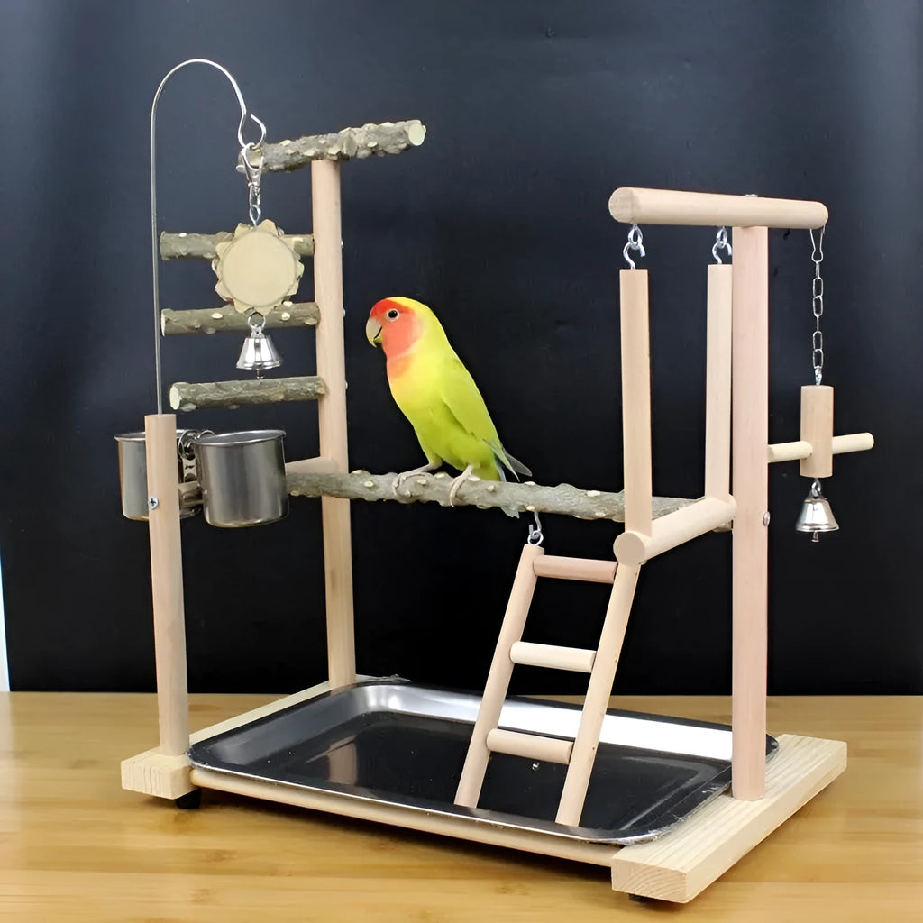 Pepper wood parrot stand pole with attached tiger skin peony toy and Xuanfeng Xiaotai bird platform.