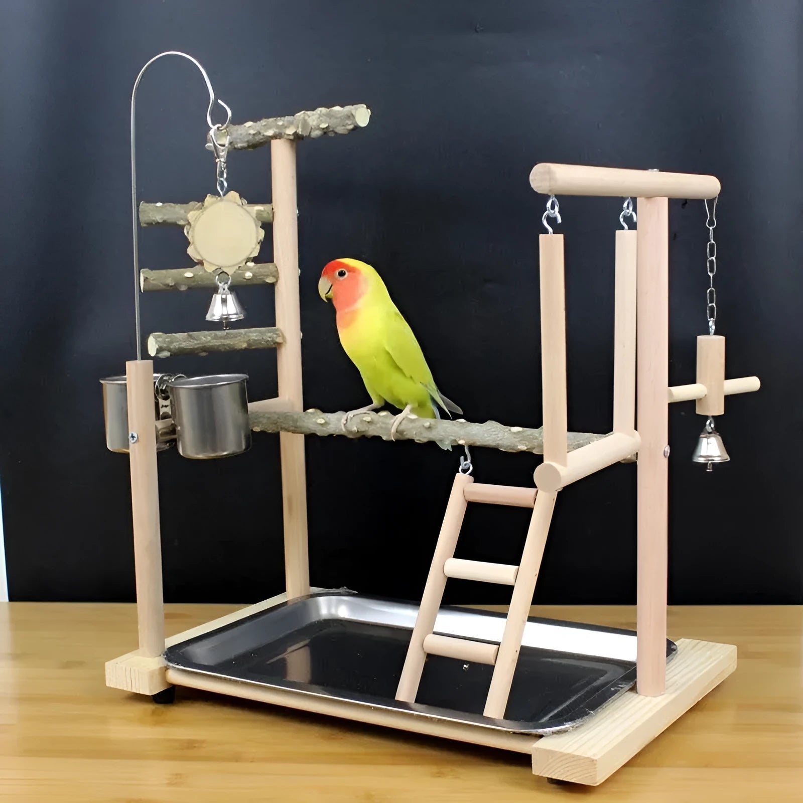 Pepper wood parrot stand pole with attached tiger skin peony toy and Xuanfeng Xiaotai bird platform.