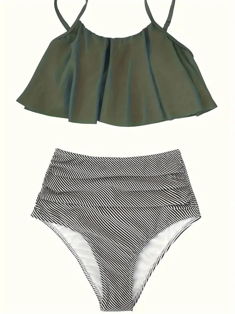 Green high-waisted women's swimsuit with ruffles and a backless brief style.