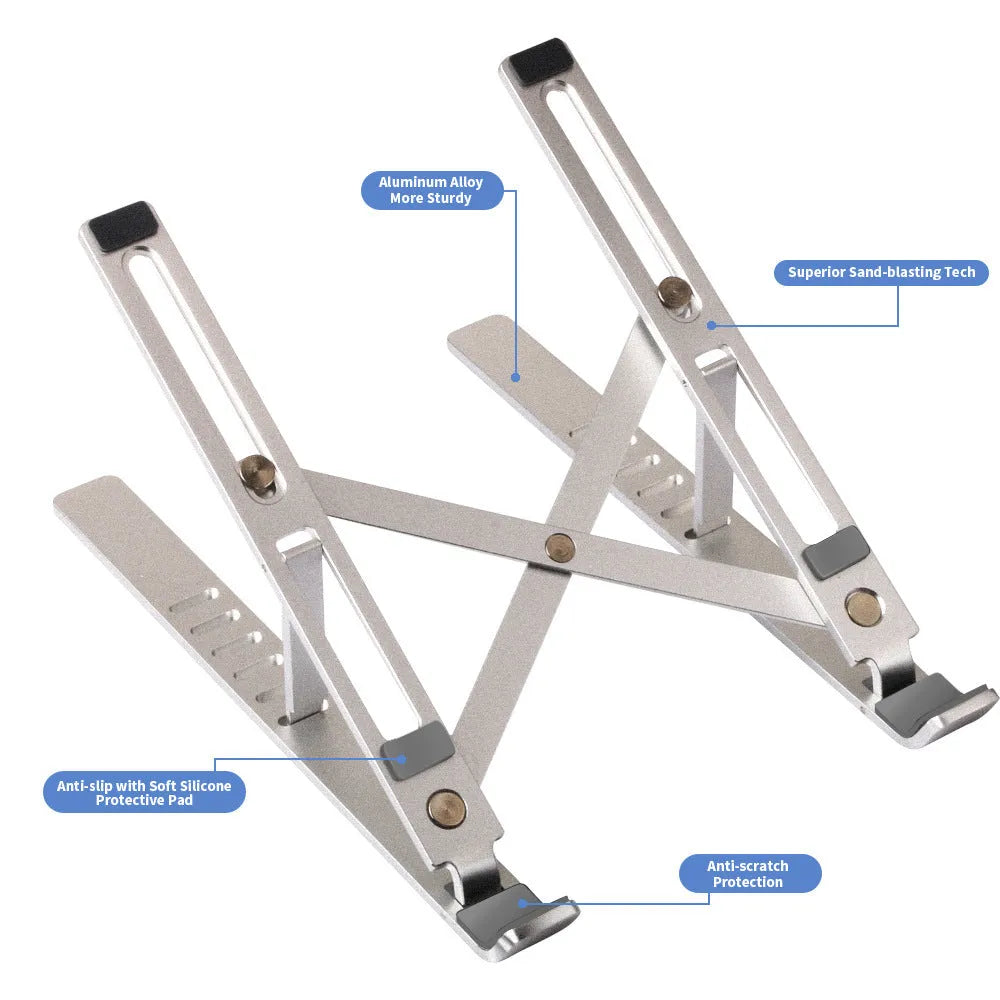 Silver aluminium laptop stand showing six height adjustment positions in folded configuration