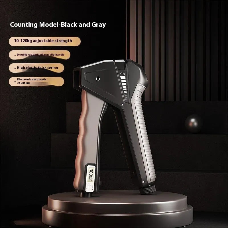 Adjustable PP plastic hand grip strengthener showing spring mechanism and available colour variants.