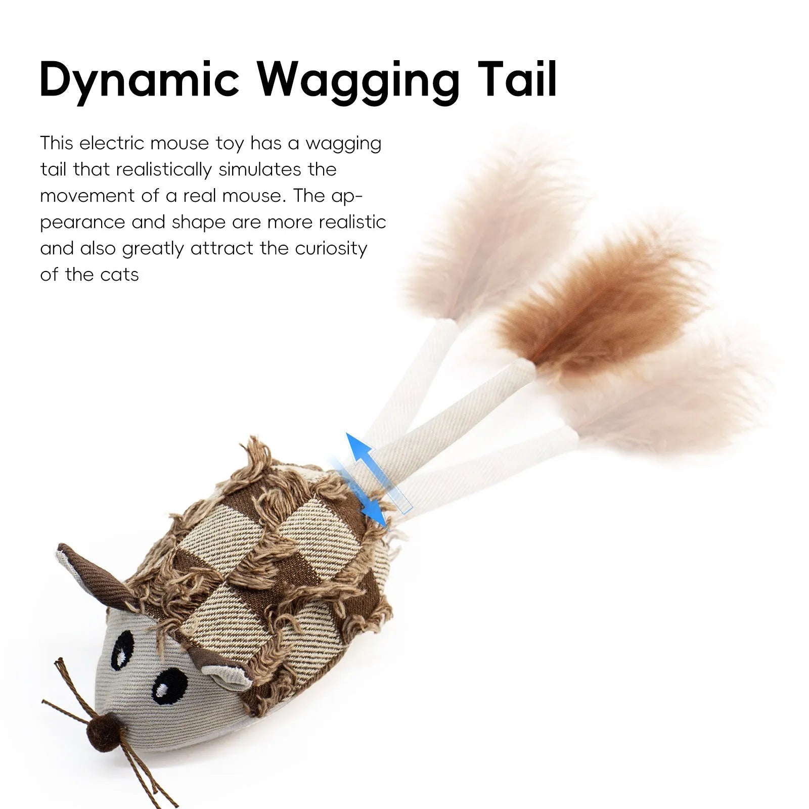 Electronic motion cat toy with moving mouse mechanism in blue or yellow colour, featuring detachable feathers and compact 18cm design