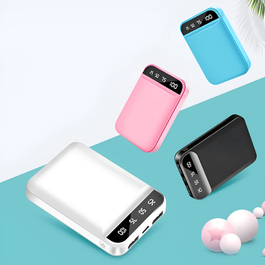 Compact mini power bank in black, showing multi-USB ports and slim 93mm x 63mm x 22mm dimensions.