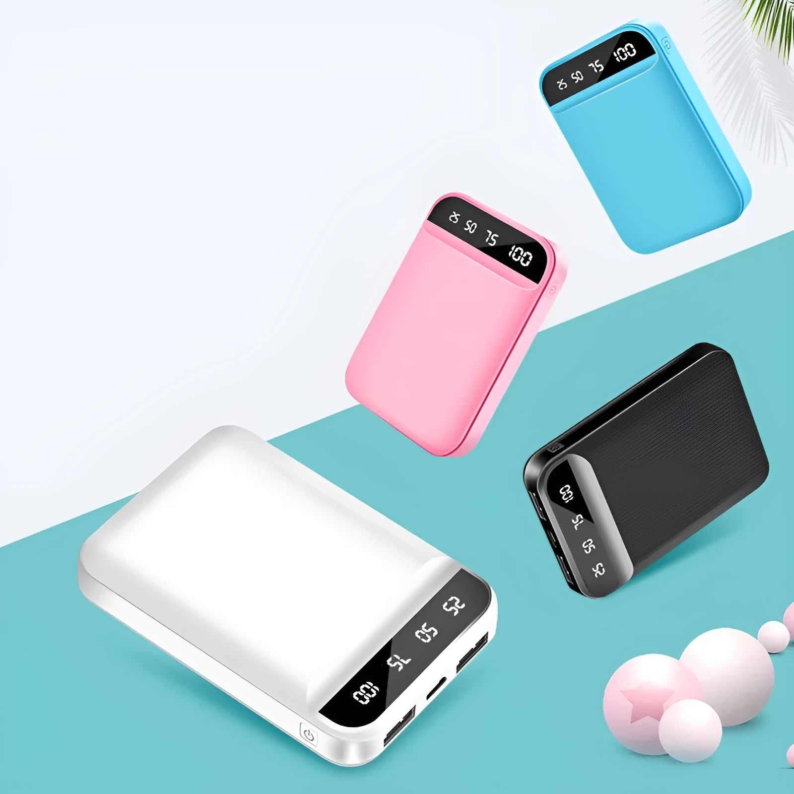 Compact mini power bank in black, showing multi-USB ports and slim 93mm x 63mm x 22mm dimensions.