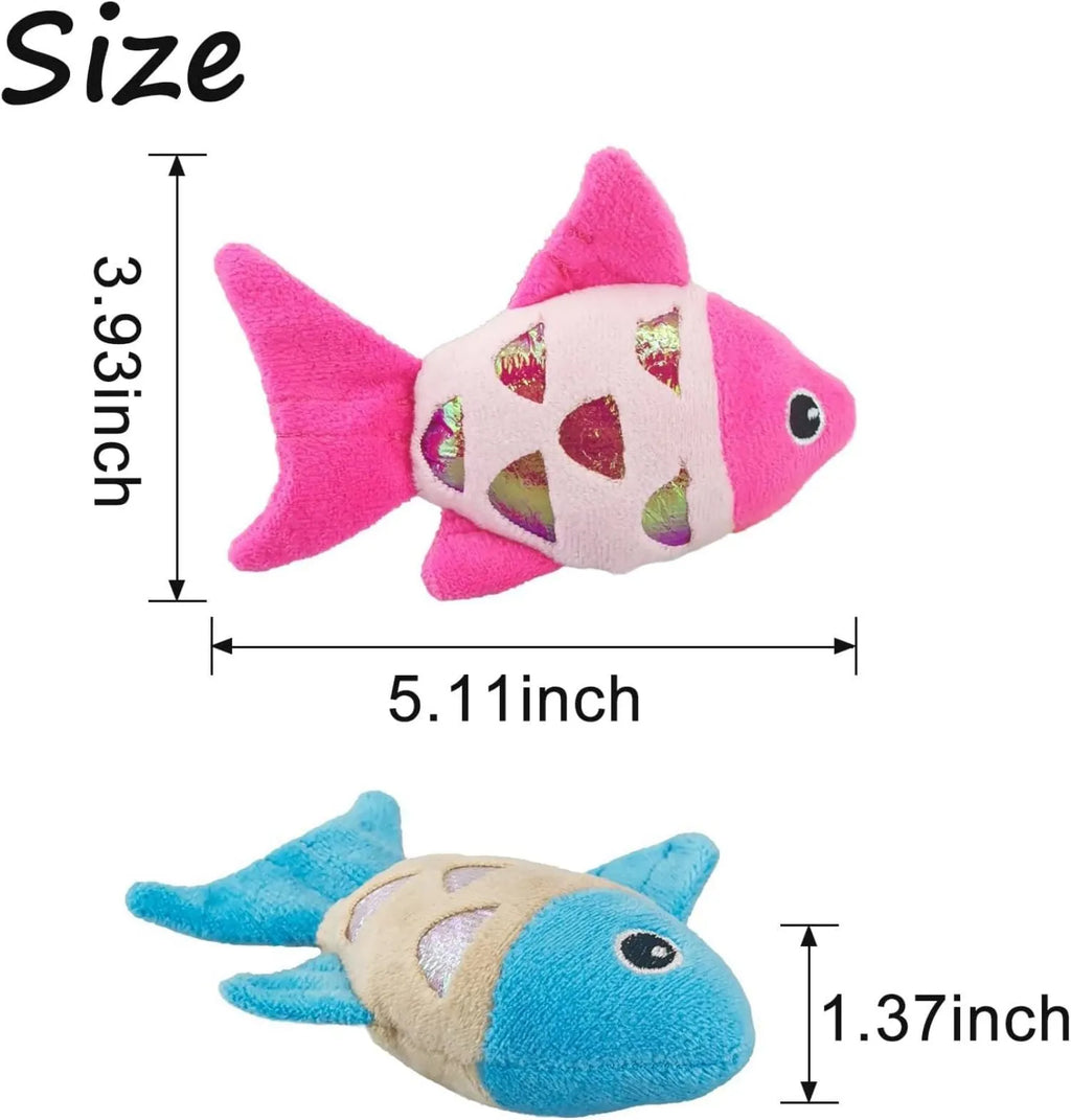 Two small fish-shaped cat toys with plush exterior in assorted colours