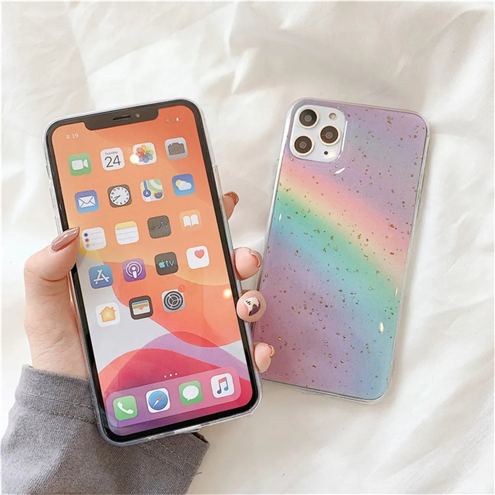 Rainbow gradient striped TPU phone case for iPhone models on a white background.