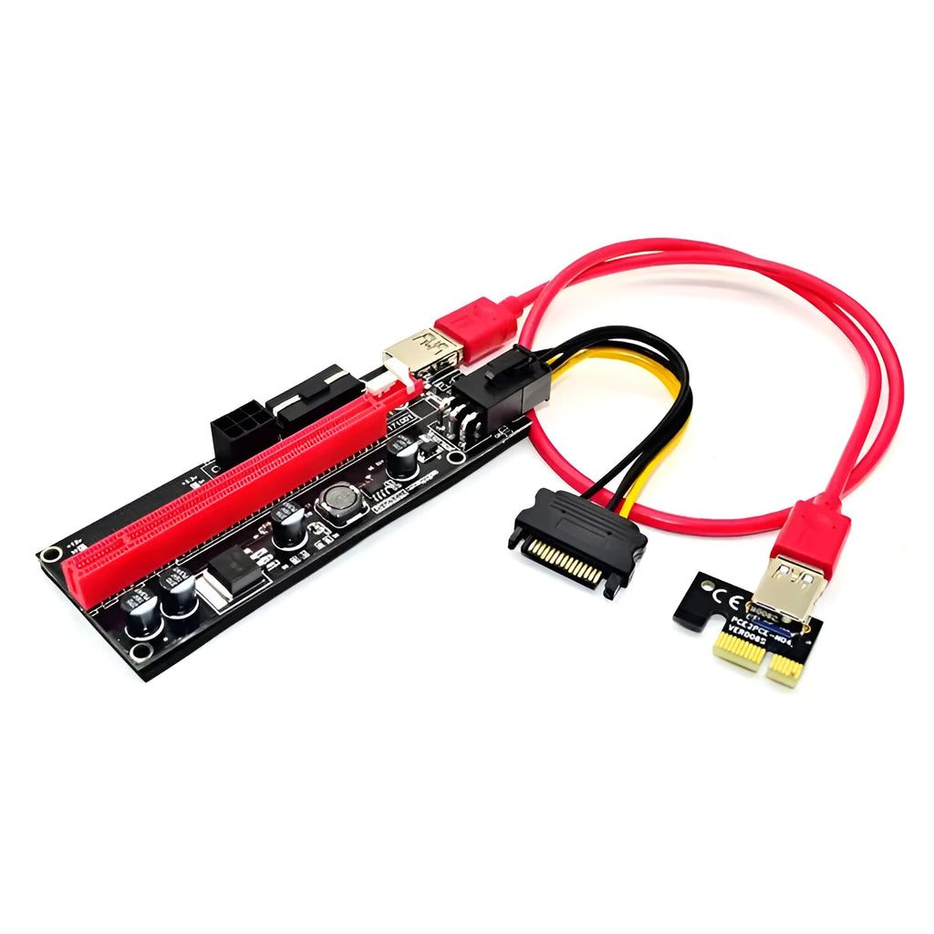 Red PCI-E 1X to 16X video card extension cable 60cm with USB3.0 connector and dual 6P/4P power ports