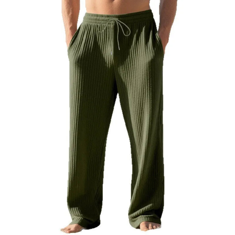 Men's baggy straight trousers in khaki, drawstring waist, straight-leg style