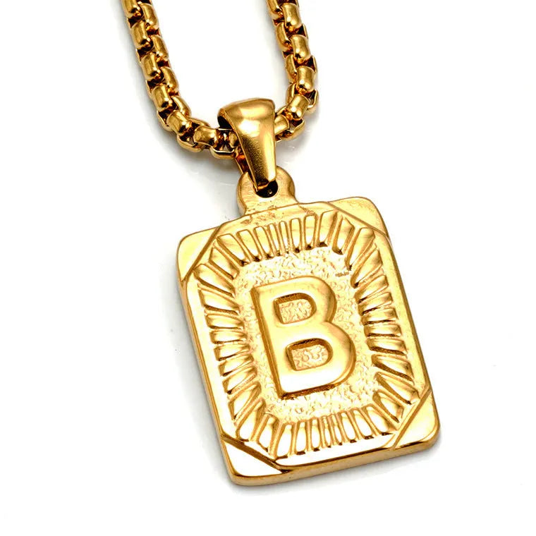 Gold-plated 18K titanium steel letter pendant necklace on a pearl chain, unisex design, gold colour
