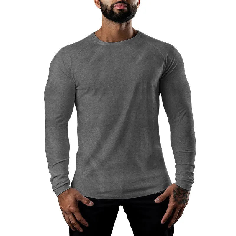 Men's tight-fitting long sleeve cotton sports T-shirt in multiple colours on a size chart.