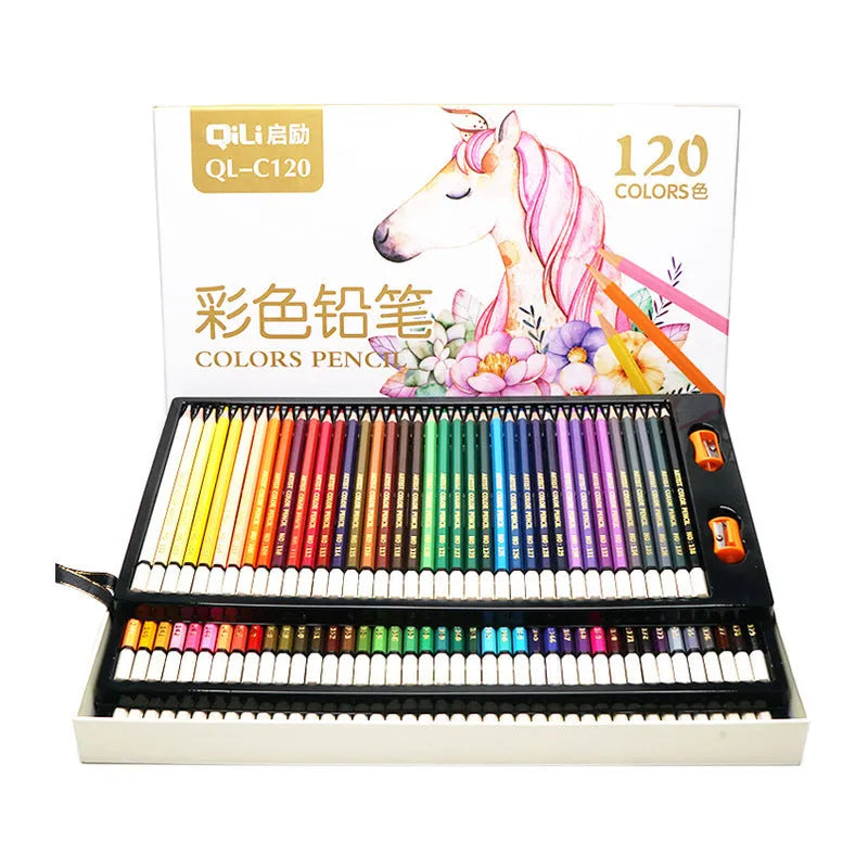 120 coloured pencils in a rosewood shell, showing a range of colours from red to purple