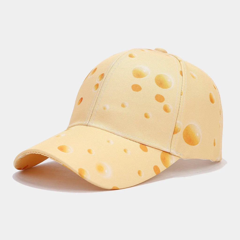 Adjustable cheese pattern printed peaked cap with dome crown
