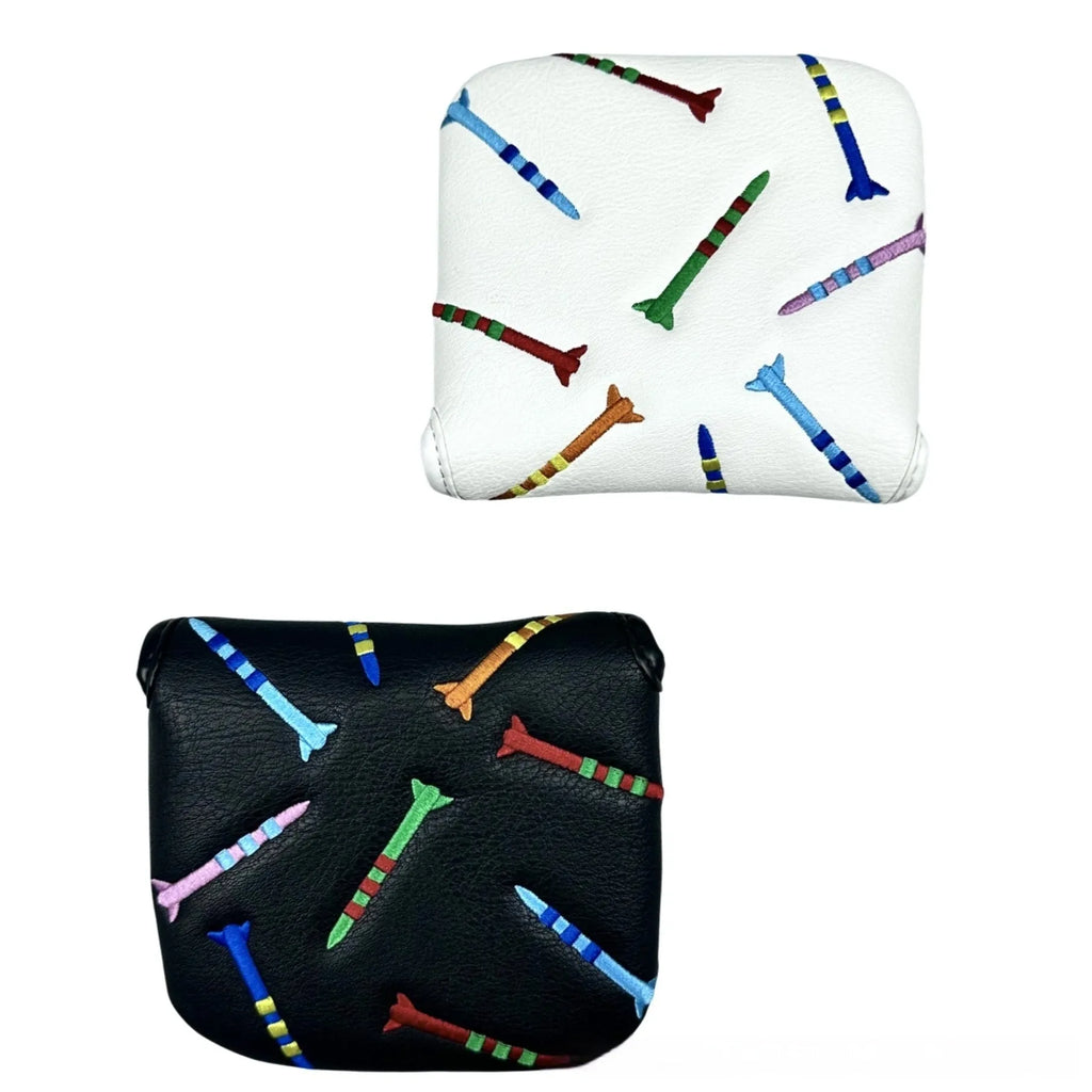 Square black golf putter protective sleeve with a raised white rocket pattern design.