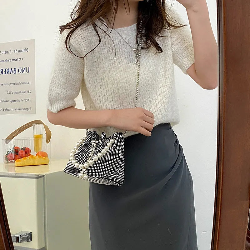 Light diamond pattern PU leather crossbody bucket bag with chain strap in multiple colours