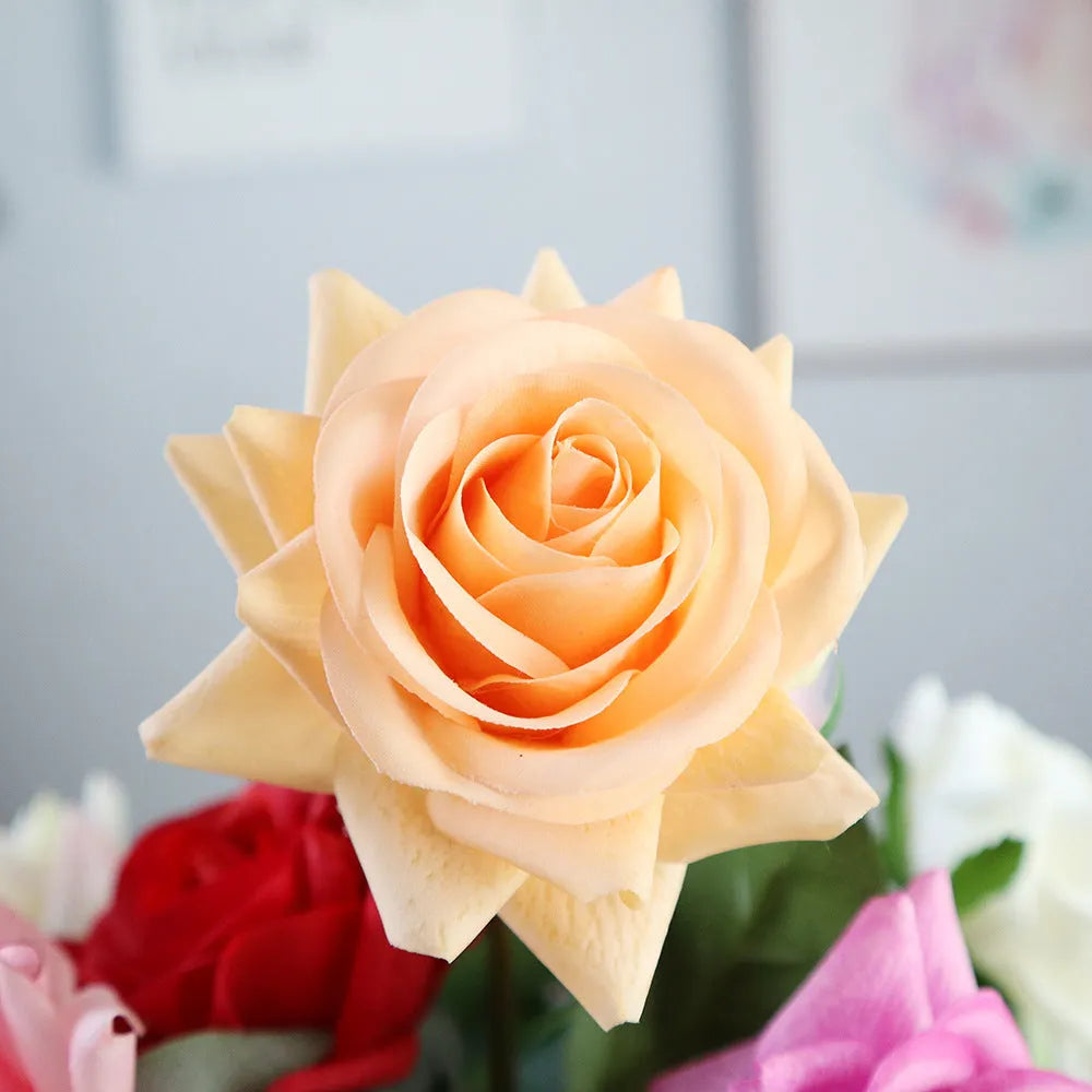 Artificial silk rose bouquet with 42cm length and 8.5cm flower head in multiple colour options