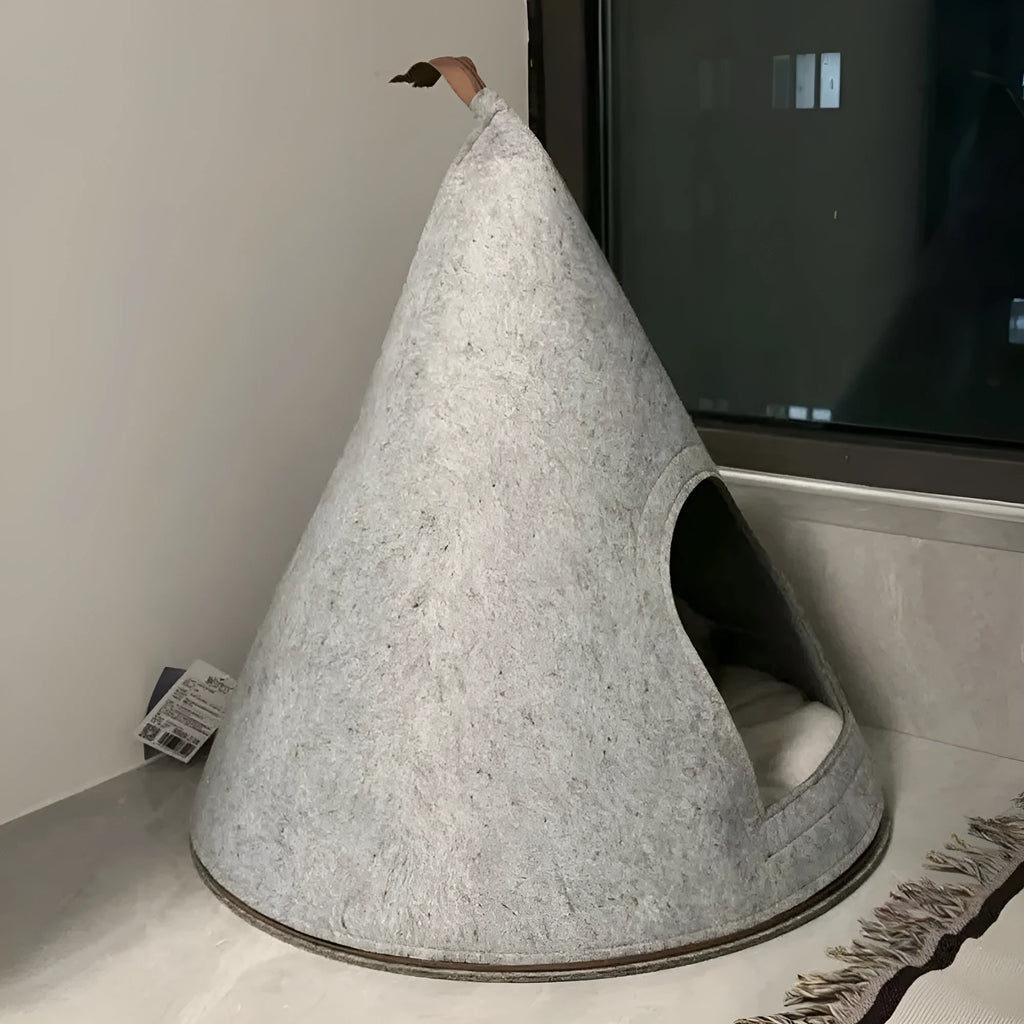 Grey cone-shaped felt cat house measuring 50cm diameter for indoor cats