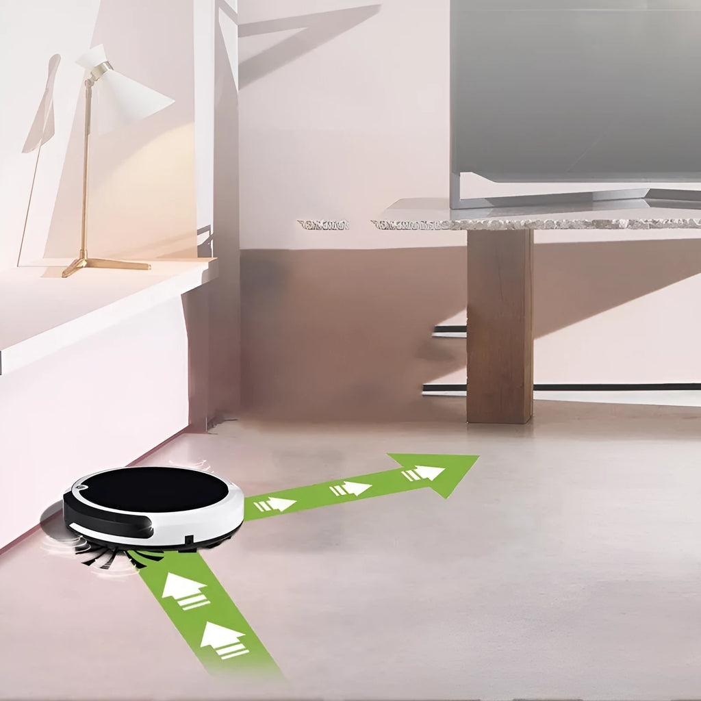 Smart home sweeping robot in white, 27cm square with dust box and charge cable