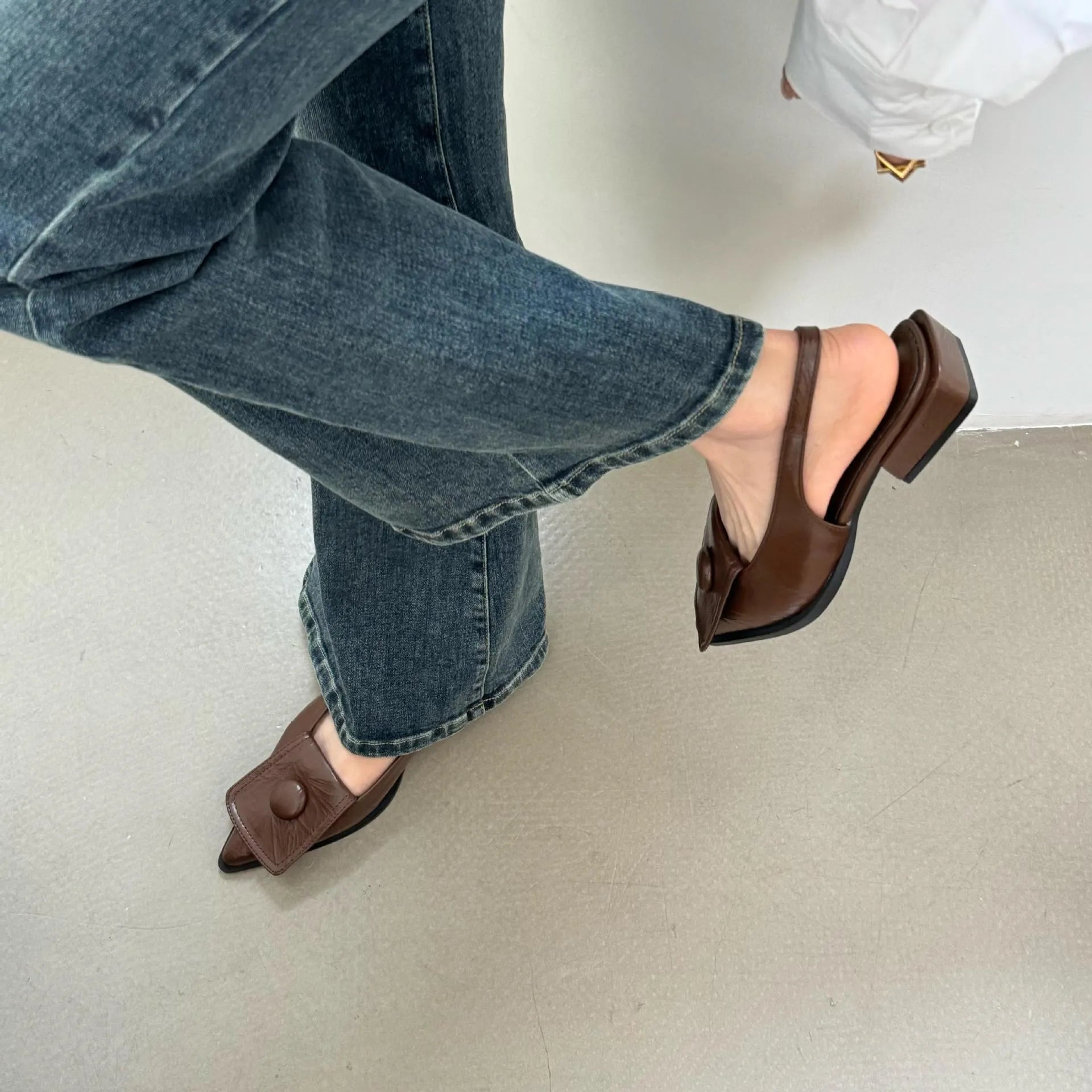 Women's low heel closed toe sandals with pointed toe and back strap in four colour options