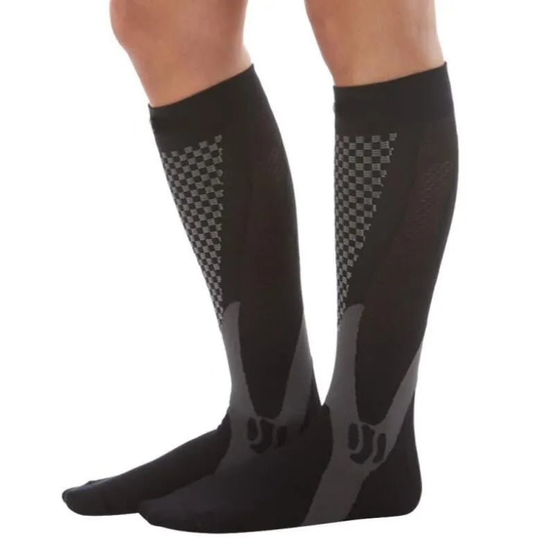 Unisex graduated compression socks in various colours with size measurement details