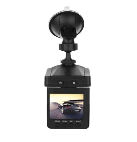 H198 car dash cam on a dashboard showing its 2.4-inch screen and infrared LEDs for night vision.