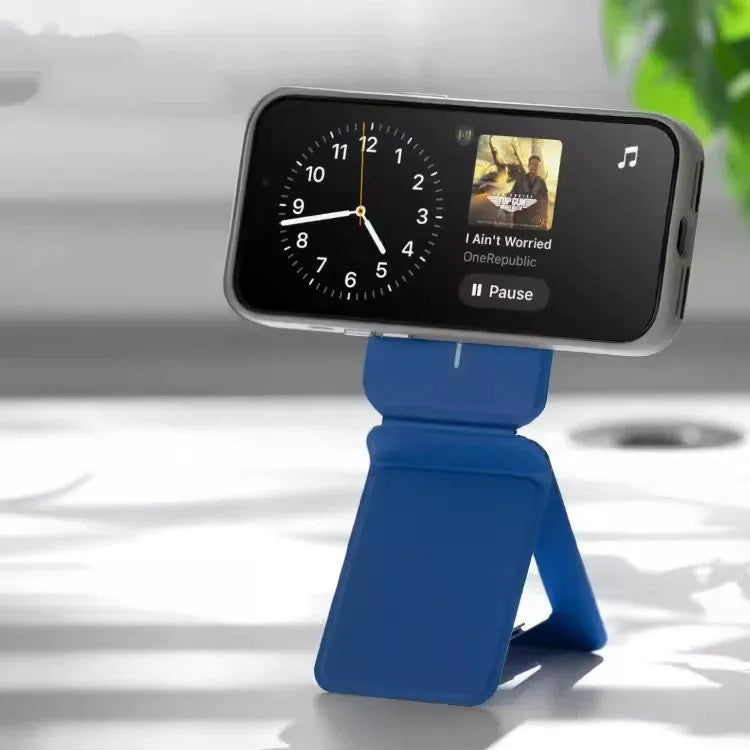 Magnetic mobile phone case holder in leather and fibreglass, shown in black, blue, green, and grey colour options.