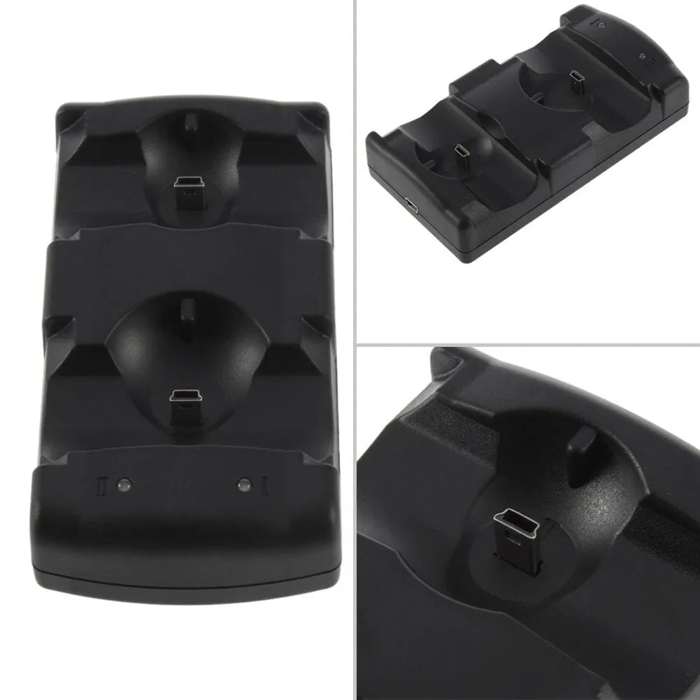 Black dual charging dock for PlayStation 3 controllers with USB cable connected
