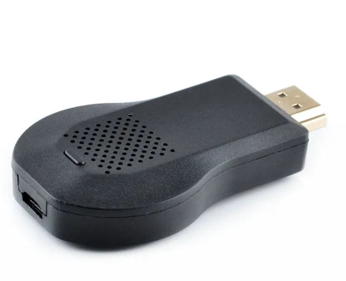 Small white wireless HDMI dongle receiver with USB cable for screen mirroring