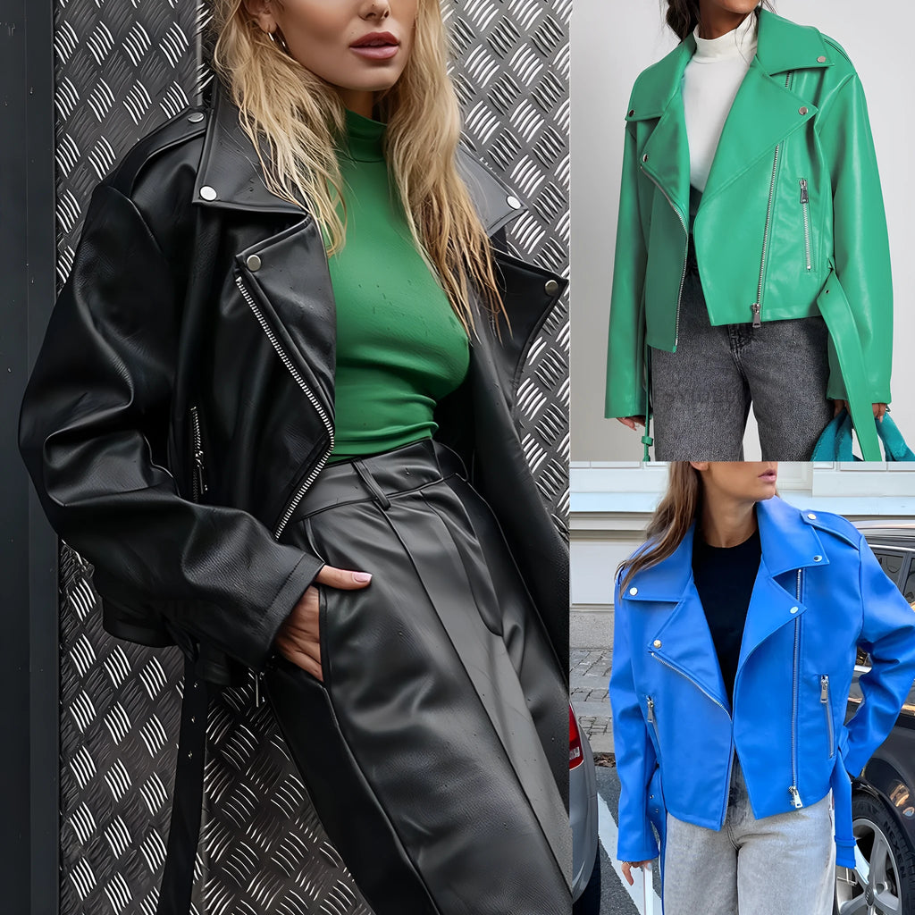 Black punk-style jacket with a drawstring waist and a soft Peter Pan collar on a hanger.