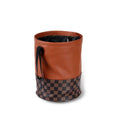 Leather retractable folding car trash can with handle, shown in vehicle interior