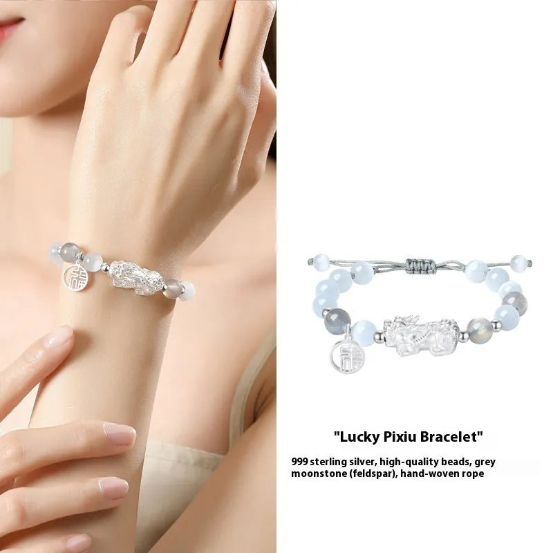Hand-woven 999 sterling silver couple bracelet in black, white, or set with animal tassel details.