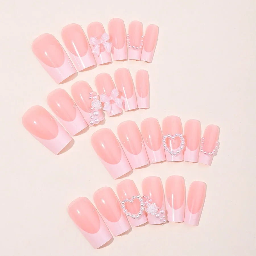 French Love Pearl fake nail stickers in colour XD93 with love pattern, shown with jelly glue and polish rub cloth.