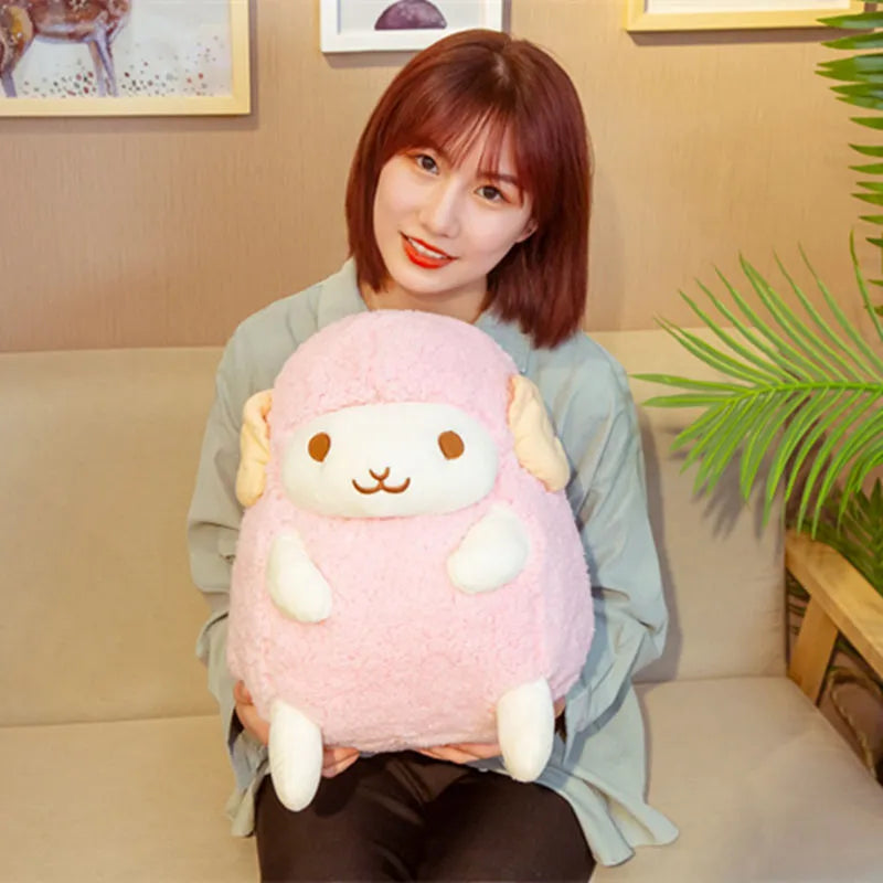 Cute sitting little sheep doll plush toy in pink colour with super soft short plush fabric