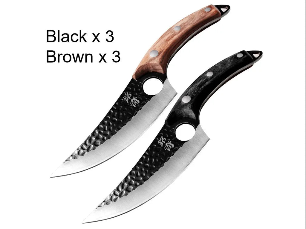 Scimitar-style butcher knife with hammer pattern blade and brown leather sheath.