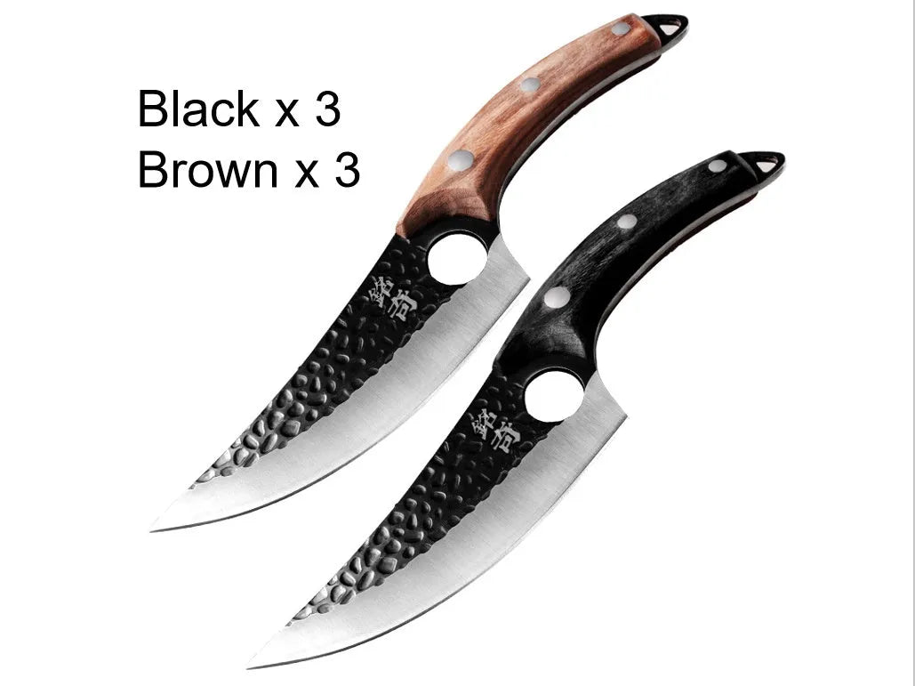 Scimitar-style butcher knife with hammer pattern blade and brown leather sheath.