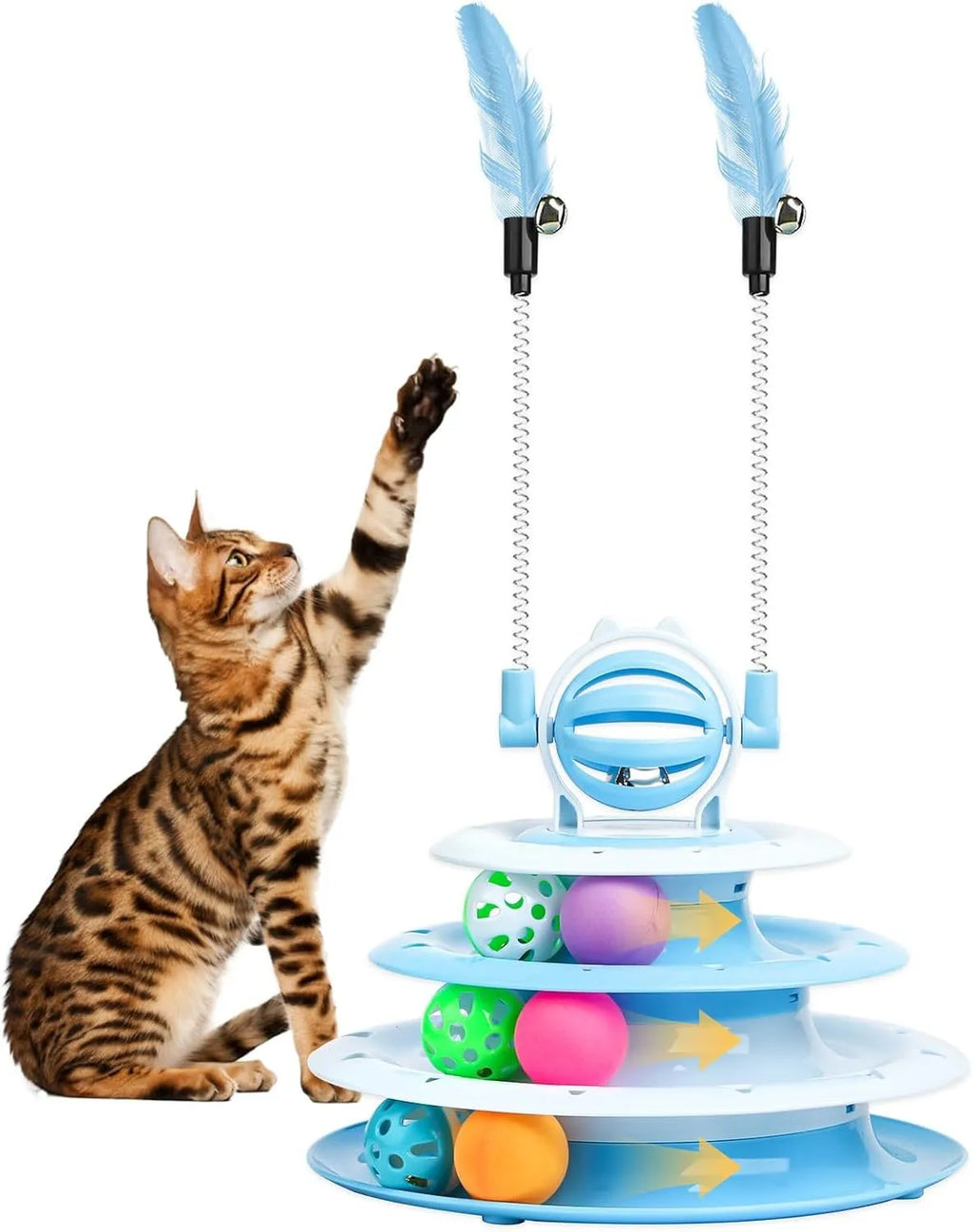 Blue four-tier interactive cat carousel toy with balls and teasing rods on a non-slip base.