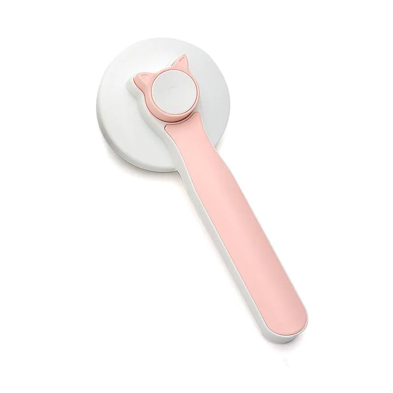 Self-cleaning pet grooming brush with ergonomic handle in blue, grey, or pink