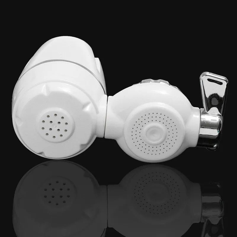 White plastic faucet water filter with ceramic cartridge and set of thread adapters