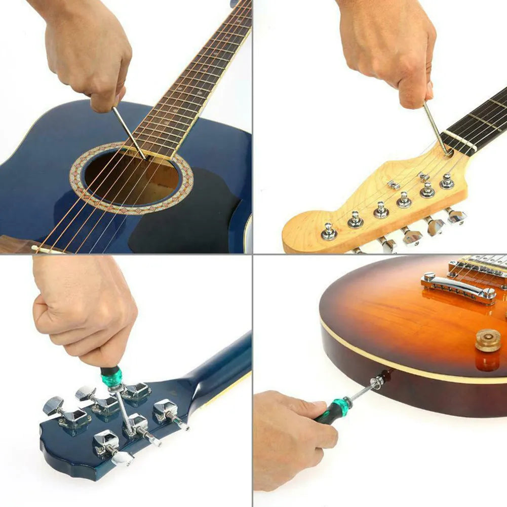 Black zippered case open to reveal 21 metal and plastic guitar repair tools including cutters, wrenches, and a winder.