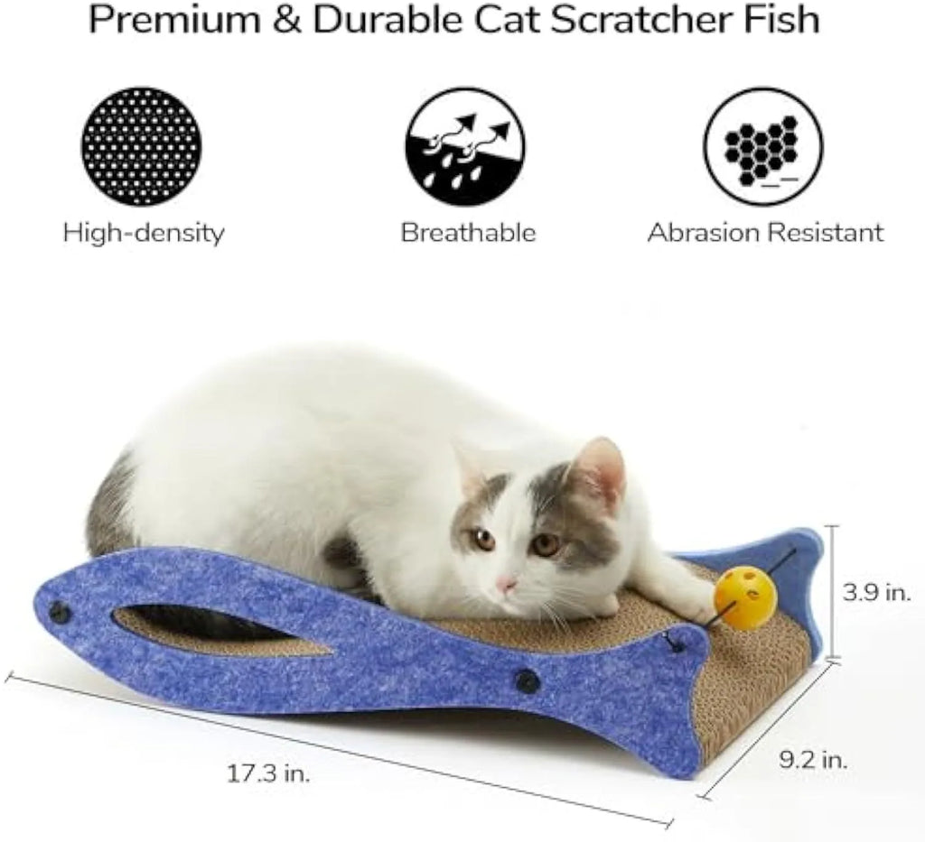 Blue fish-shaped cardboard cat scratcher lounge with a bell ball toy attached.