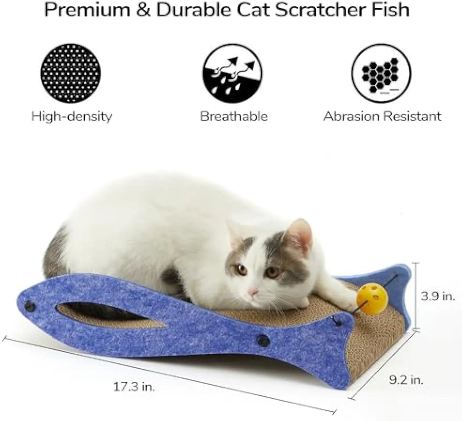 Blue fish-shaped cardboard cat scratcher lounge with a bell ball toy attached.