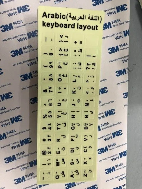 Sheet of glowing PVC keyboard stickers for Arabic, Thai, Hebrew, French, Italian and German languages