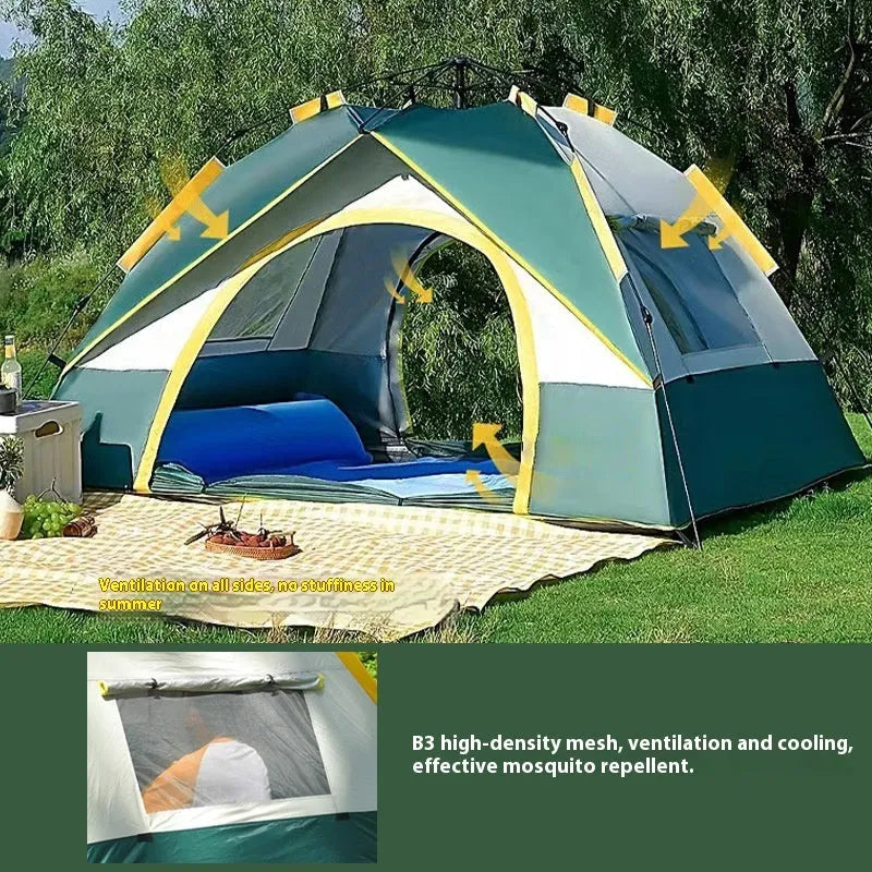 Dark green silver glue quick-open camping tent for 3-4 people pitched outdoors.