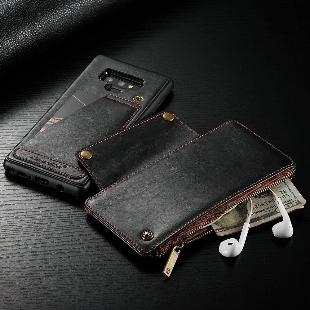 Black PU leather flip phone case open and closed, showing fit for Samsung Note9.