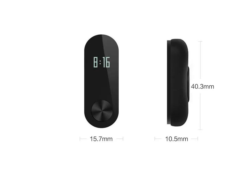 Black Xiaomi Mi Band 2 smart band with OLED display on a wrist, showing heart rate.